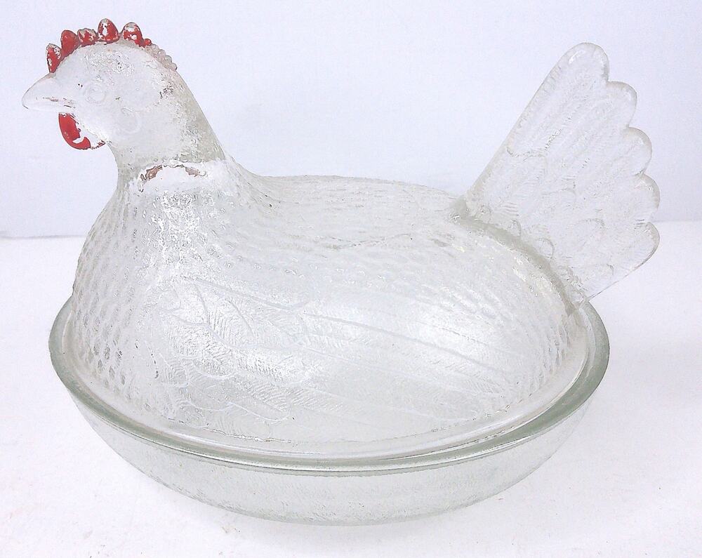 Vintage Indiana Glass Clear Glass Frosted Stipple Base Hen on Nest Candy Dish
